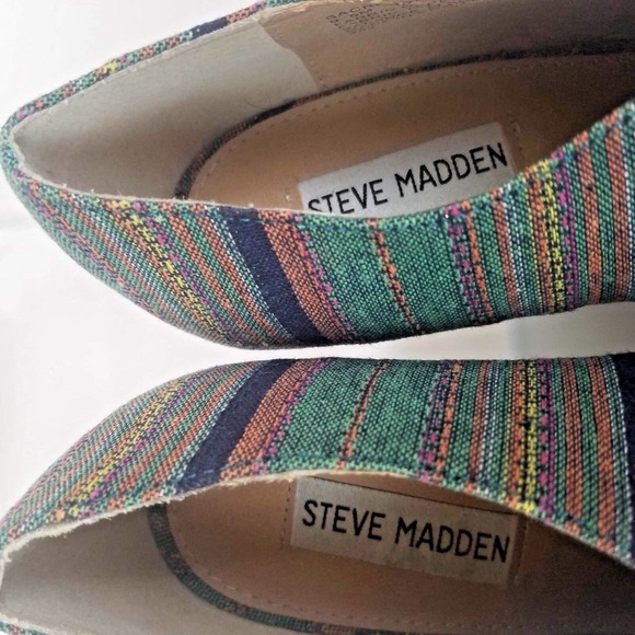 Steve Madden Wedge Shoes 9.5M Canvas Lace-up Espadrille Green Stripes Peep Toe - Picture 5 of 6